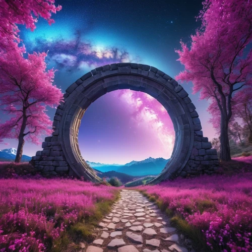 purple landscape,heaven gate,fantasy picture,wall,purple and pink,the mystical path,portals,fantasy landscape,wall tunnel,purple wallpaper,semi circle arch,archway,arch,round arch,gateway,3d fantasy,wonderland,rose arch,portal,3d background,Photography,General,Realistic
