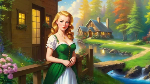 celtic woman,fantasy picture,fairy tale character,princess anna,landscape background,girl in a long dress,dirndl,dorthy,eilonwy,kvothe,fairy tale,jessamine,background image,children's background,innkeeper,nessarose,irishwoman,greensleeves,green background,storybook character