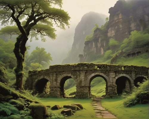 rivendell,raigad,natural arch,guizhou,shaoming,monasteries,the ruins of the,nargothrond,chmarossky viaduct,karst landscape,limestone arch,the valley of the,stone bridge,green landscape,archways,landscapes beautiful,asturias,viaducts,moss landscape,archway,Illustration,Retro,Retro 01
