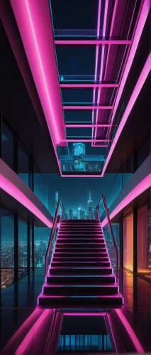 skywalks,magenta,neon arrows,pink vector,escaleras,nightclub,ufo interior,hypermodern,walkway,vertigo,colored lights,neon light,aesthetic,neon lights,futuristic art museum,skybridge,cybercity,wavevector,futuristic,ultramodern,Illustration,Paper based,Paper Based 14