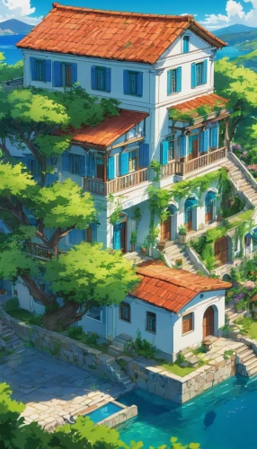 seaside resort,house by the water,beachfront,butka,ghibli,oceanfront,holiday villa,resort,harborfront,apartment complex,aqua studio,house with lake,machico,shorefront,beach resort,portofino,seaside country,seaside view,ocean view,houseboat,Illustration,Japanese style,Japanese Style 03