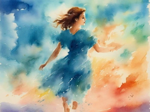 watercolor background,watercolor blue,watercolor painting,watercolor,aquarelle,watercolour paint,watercolour,watercolor paint strokes,little girl in wind,watercolors,watercolor women accessory,watercolorist,watercolor paper,water colors,watercolours,watercolor sketch,woman walking,dance with canvases,water color,girl walking away,Illustration,Paper based,Paper Based 25