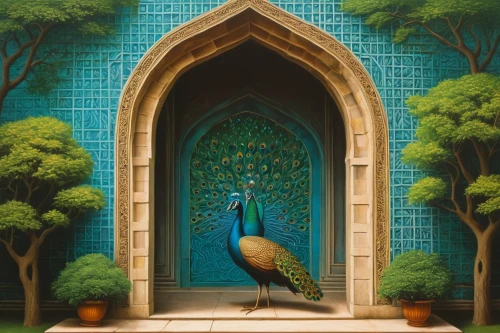 peacock,indian peafowl,pfau,male peacock,peafowl,fairy peacock,blue peacock,bird painting,an ornamental bird,peacocks carnation,portal,bird kingdom,garden door,mihrab,ornamental bird,blue door,arabic background,world digital painting,karakas,amirkabir,Art,Artistic Painting,Artistic Painting 06