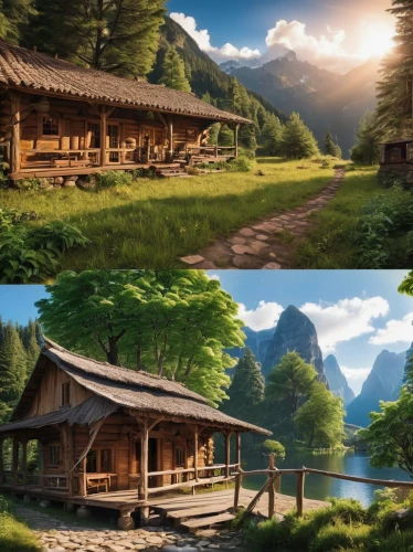 landscape background,backgrounds,wooden houses,cartoon video game background,cabins,background design,world digital painting,nature background,longhouses,fantasy landscape,the cabin in the mountains,mountain huts,log cabin,log home,home landscape,treehouses,mountain scene,landscapes,mountain settlement,boardinghouses,Photography,General,Realistic