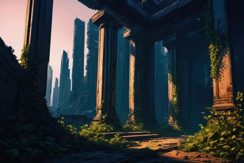 labyrinthian,ruins,ancient city,mausoleum ruins,pillars,necropolis,artemis temple,ruin,columns,roman columns,theed,ancient buildings,colonnaded,hall of the fallen,calydonian,ancient,cryengine,dusk,industrial ruin,herakleion,Illustration,Black and White,Black and White 21