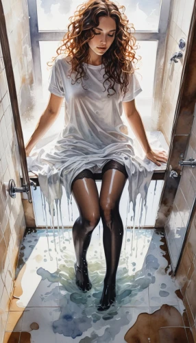 the girl in the bathtub,donsky,gothika,heatherley,cold room,imprisoning,overpainting,confinement,cellmate,captivity,incarcerated,icebox,inmate,hydrophobia,vespertine,cryonics,captive,rone,prisoner,glass painting,Illustration,Paper based,Paper Based 25