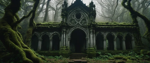 forest chapel,haunted cathedral,sunken church,witch's house,mausoleum ruins,old graveyard,witch house,abandoned place,mausolea,forest cemetery,resting place,necropolis,ruins,sanctuary,hall of the fallen,holy forest,graveyards,graveyard,gothic church,ghost castle,Illustration,Japanese style,Japanese Style 18