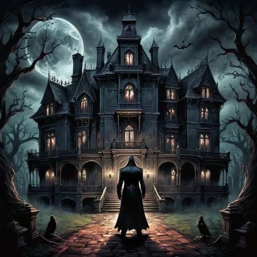 the haunted house,house silhouette,witch's house,witch house,haunted house,haunted castle,halloween poster,ghost castle,halloween background,halloween wallpaper,halloween illustration,arkham,ravenloft,darktown,sanitarium,halloween scene,castlevania,haunted cathedral,creepy house,fantasmas,Conceptual Art,Fantasy,Fantasy 34