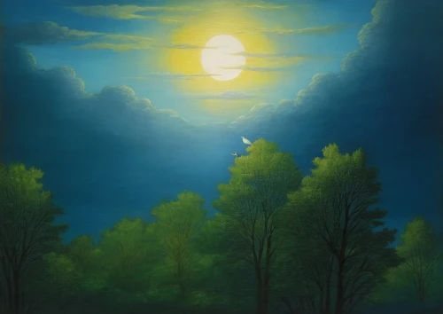 night scene,moonlit night,forest landscape,hanging moon,moon and foliage,magritte,evening atmosphere,moonlit,rousseau,blue moon,poornima,luhe,moon and star background,moonlight,khokhloma painting,purnima,kittelsen,in the evening,jianfeng,moonrise,Illustration,Realistic Fantasy,Realistic Fantasy 08