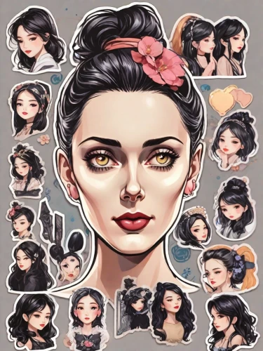 set of cosmetics icons,amidala,doll's facial features,icon set,alita,marla,artist doll,geisha girl,gothel,geisha,hair clips,oiran,viveros,asami,rockabella,vintage makeup,marnie,caricatures,mulan,hairpieces,Digital Art,Sticker