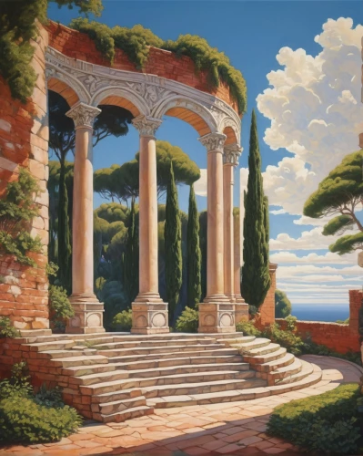 pillars,apolloni,pergola,columns,arcadia,panagora,artemis temple,ostia,cypresses,roman columns,taormina,tuscan,caracalla,apollonia,greek temple,doric columns,ruins,coliseum,solstices,temple of diana,Illustration,Retro,Retro 07