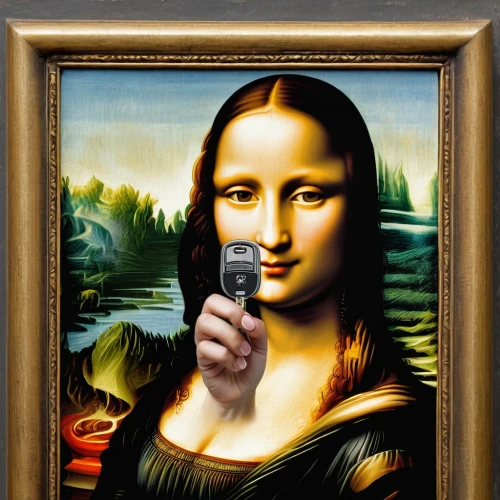 woman holding a smartphone,mona lisa,monalisa,gioconda,woman with ice-cream,mona,girl with bread-and-butter,woman eating apple,adhesive note,woman pointing,artstor,davinci,digiart,artist brush,tretchikoff,vinci,meticulous painting,woman holding pie,modern pop art,pinturicchio,Art,Classical Oil Painting,Classical Oil Painting 03