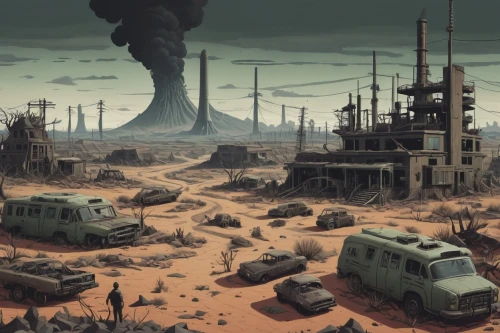 wastelands,post-apocalyptic landscape,wasteland,post apocalyptic,cosmodrome,postapocalyptic,industrial landscape,primordia,oil refinery,futuristic landscape,refineries,fallout,atomic age,refinery,ecotopia,overland,sci fiction illustration,fallout shelter,oilfields,varsavsky