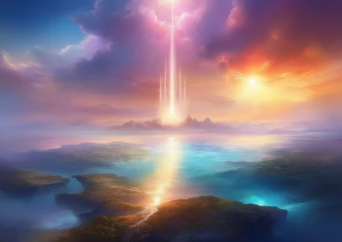 the pillar of light,fantasy landscape,skyfire,bifrost,kandor,eckankar,futuristic landscape,spire,alfheim,asgard,heavenly ladder,heavenward,homeworld,fantasy picture,fairy chimney,beacon,pillar of fire,sundering,beam of light,firmament,Illustration,Realistic Fantasy,Realistic Fantasy 01