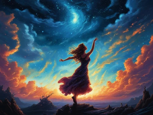fantasia,fantasy picture,falling star,cielo,astral traveler,fantasy portrait,sky,world digital painting,celestial,andromeda,magical,moon and star background,falling stars,dance silhouette,samuil,ascendent,magicienne,silhouette dancer,fantasy art,enchantment,Illustration,Realistic Fantasy,Realistic Fantasy 25