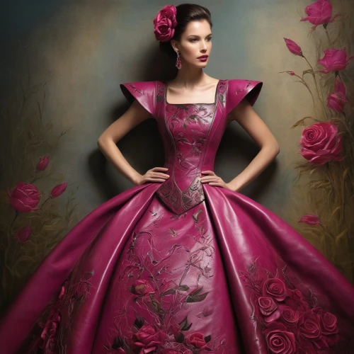 ball gown,duchesse,rosa 'the fairy,ballgown,siriano,fuchsia,evening dress,princess sofia,drees,disney rose,fairy tale character,dressmaker,eveningwear,cendrillon,dark pink in colour,rosa ' the fairy,butterick,clove pink,tea rose,princess anna,Illustration,Realistic Fantasy,Realistic Fantasy 16