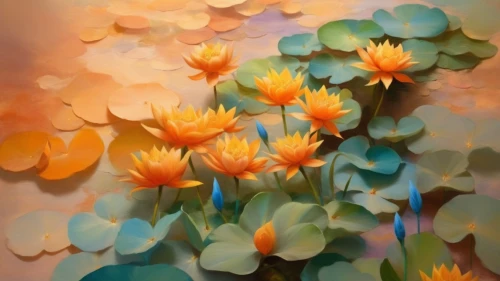 waterlilies,water lilies,flower painting,waterlily,lotuses,water lily,pond flower,golden lotus flowers,white water lilies,lily pond,lotus flowers,water flowers,chrysanthemum background,lotus on pond,water lily plate,calendula petals,water lotus,blooming lotus,lillies,marigolds,Illustration,Realistic Fantasy,Realistic Fantasy 01