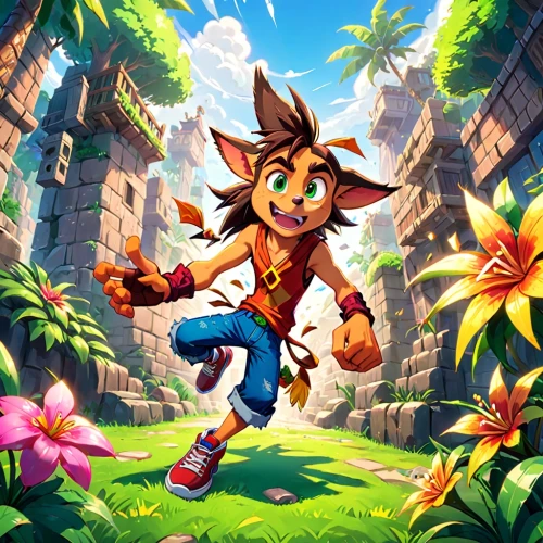 dorante,tenkrat,conker,bandicoot,daxter,wayforward,platformers,jak,game illustration,talus,tomba,spring background,genda,cortex,summer background,bubsy,cartoon video game background,springtime background,game art,boktai,Anime,Anime,Traditional