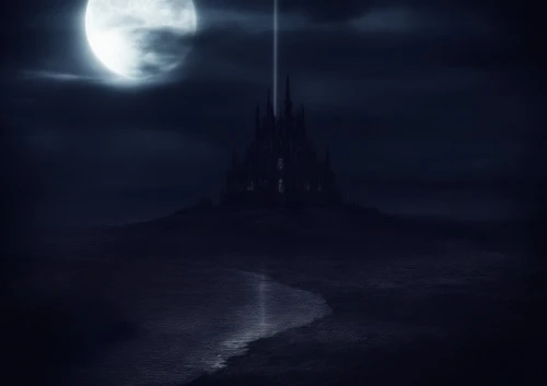 orthanc,spire,haunted cathedral,ghost castle,dark world,castle of the corvin,morgul,darktown,haunted castle,halloween background,ravenloft,nocturne,moonlit night,lunar landscape,gothic,spires,dark gothic mood,moon and star background,darklands,house silhouette,Illustration,Realistic Fantasy,Realistic Fantasy 46