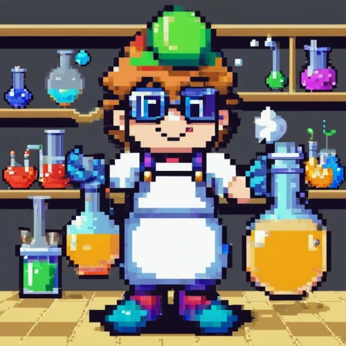 chemist,biochemist,shopkeeper,scientist,alchemist,pharmacopeia,apothecary,chemical laboratory,laboratory,chef hat,biosamples icon,lab,formula lab,pixel art,bartender,chemists,chef,pixel cells,medicine icon,pharmacologist