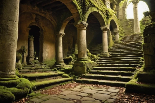 moss landscape,ruins,hall of the fallen,stone stairs,abandoned places,labyrinthian,monasteries,winding steps,cloister,stone stairway,abandoned place,sunken church,ancient ruins,michel brittany monastery,ruin,the ruins of the,pillars,asarum,staircases,ancient buildings,Illustration,Realistic Fantasy,Realistic Fantasy 14
