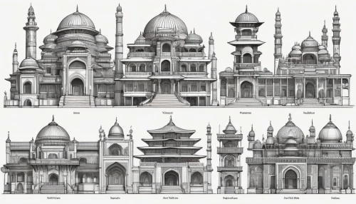 asian architecture,islamic architectural,crenellations,roof domes,cenotaphs,pediments,elevations,turrets,mosques,beautiful buildings,unbuilt,finials,driehaus,sketchup,houses clipart,ancient buildings,palaces,chortens,spires,western architecture,Illustration,Black and White,Black and White 10