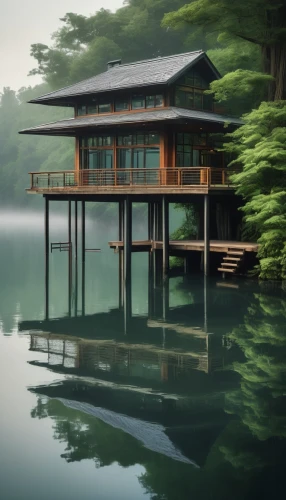 house with lake,asian architecture,teahouse,house by the water,golden pavilion,tranquility,calm water,japan landscape,the golden pavilion,floating over lake,floating huts,boat house,beautiful japan,japon,ryokan,tranquillity,wooden house,lake tanuki,stillness,calmness,Conceptual Art,Graffiti Art,Graffiti Art 05