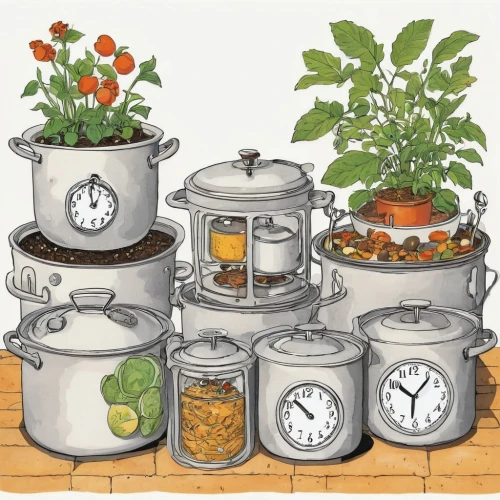 spice rack,culinary herbs,kitchenware,jam jars,enamelware,colanders,potted flowers,cookware,warming containers,apricot preserves,potted,crate of vegetables,vegetable basket,potted plants,garden herbs,aromatic herbs,vegetable crate,still life with jam and pancakes,cooking vegetables,honey jars,Illustration,Vector,Vector 02