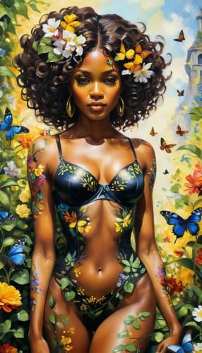 oshun,background ivy,girl in flowers,oil painting on canvas,amerykah,african american woman,bodypaint,body painting,beautiful african american women,fantasy art,baoshun,bodypainting,african art,ikpe,african woman,art painting,ofili,oil painting,oil on canvas,flower fairy,Conceptual Art,Fantasy,Fantasy 12
