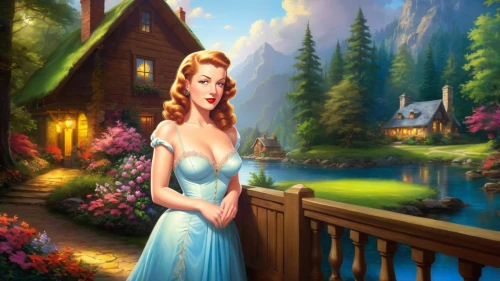 maureen o'hara - female,cinderella,fantasy picture,dorthy,cendrillon,celtic woman,thumbelina,landscape background,fairy tale character,gwtw,background image,fairyland,rivendell,belle,girl in the garden,elsa,ninfa,fairy tale,background ivy,girl in a long dress