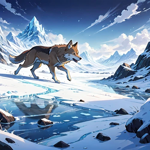 icewind,constellation wolf,wolfsthal,balto,wolves,aleu,moraine,dogsled,winter background,sled dog,graywolf,snowfield,howling wolf,mountain spirit,loups,arctic,glacier,wolfstone,dog sled,wolf,Anime,Anime,Traditional