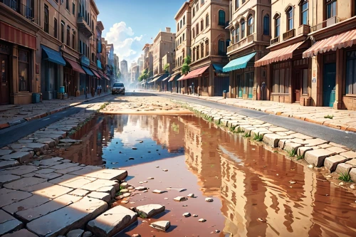 puddle,cryengine,canals,virtual landscape,sidestreet,stormwater,flooded pathway,cobblestoned,puddles,waterway,waterstreet,narrow street,photorealism,3d rendered,street canyon,bioshock,cloudstreet,cobblestones,photorealistic,alleyway