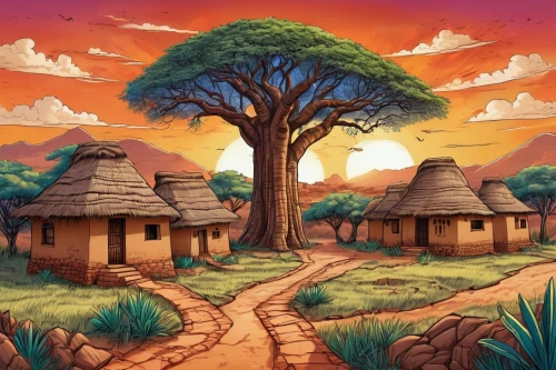 baobabs,treehouses,wooden houses,baobab,thatched,auriongold,altiplano,huts,africa,ancient house,mushroom landscape,home landscape,afrotropics,kalahari,cartoon video game background,traditional house,thatched cottage,africas,township,africaines,Illustration,Black and White,Black and White 05