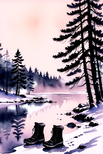 winter lake,winter landscape,snowy landscape,watercolor background,snow landscape,winter background,evening lake,forest lake,watercolor pine tree,pine trees,winter forest,ice landscape,lake,lake tanuki,salt meadow landscape,on the lake,snow scene,small landscape,frozen lake,a small lake,Illustration,Paper based,Paper Based 30