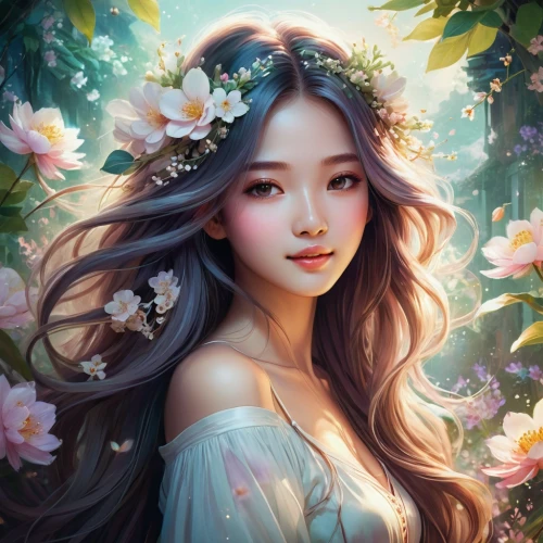 jasmine blossom,beautiful girl with flowers,flower fairy,girl in flowers,fantasy portrait,flower background,diwata,rose flower illustration,a beautiful jasmine,rosa 'the fairy,jasmine flower,floral background,qiong,flower painting,fairie,portrait background,hanqiong,romantic portrait,floral wreath,flower crown,Illustration,Realistic Fantasy,Realistic Fantasy 15