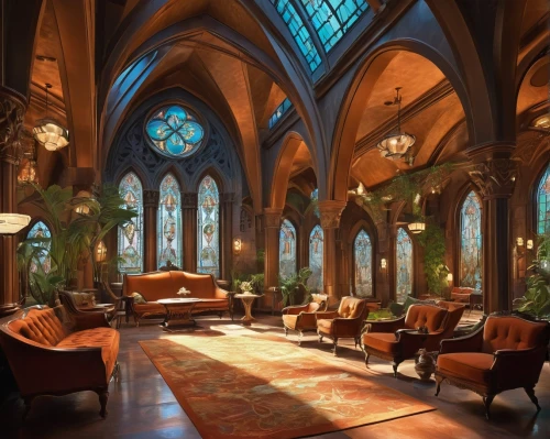 lobby,ornate room,hotel lobby,altgeld,sanctuary,vaulted ceiling,gaylord palms hotel,biltmore,transept,narthex,rivendell,pipe organ,opulently,cloisters,royal interior,cathedrals,smithsonian,pcusa,chhatris,cinderella's castle,Illustration,Retro,Retro 12