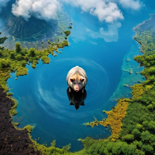 floating over lake,floating island,floating islands,acid lake,bangladesh,island suspended,reflection of the surface of the water,planet earth view,shaoming,mccurry,reflection in water,underwater landscape,dog in the water,little planet,kerala,water buffalo,tiny world,lotus on pond,bajau,floating in the air,Conceptual Art,Oil color,Oil Color 07