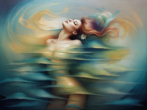 heatherley,fluidity,sirene,amphitrite,ondine,dreamscapes,submerged,naiad,immersed,fathom,liquide,oil painting on canvas,siren,the wind from the sea,submerging,dream art,submersed,flotation,naiads,undercurrent,Illustration,Realistic Fantasy,Realistic Fantasy 15
