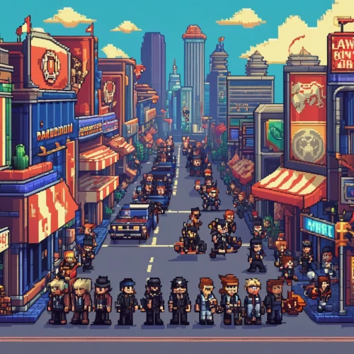 pixel art,lapd,policemen,police officers,cybertown,tokyo city,retro diner,chinatown,mpd,vpd,bike city,pixel cells,street fair,sega genesis,policias,akihabara,akiba,cops,pixels,motorcity