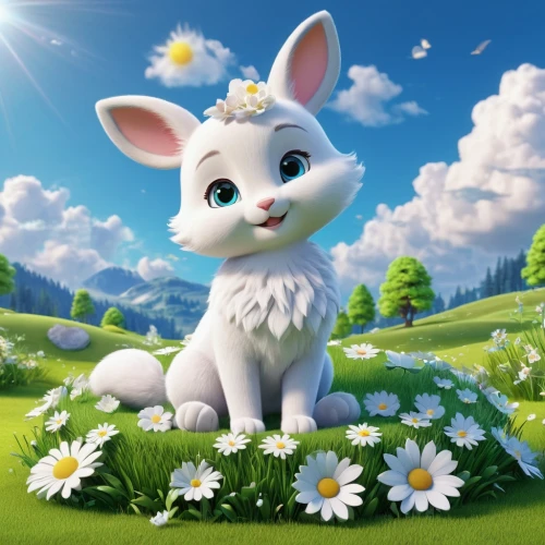 sylbert,bunny on flower,spring background,easter background,cartoon bunny,flower background,springtime background,cartoon rabbit,jewelpet,jewelpets,cute cartoon image,cute cartoon character,white bunny,snowbell,rabbids,flower animal,children's background,easter theme,cony,babbit,Unique,3D,3D Character