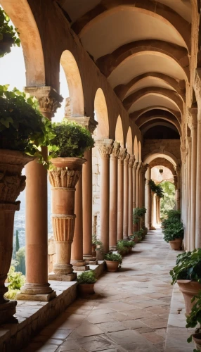 cloisters,cloister,colonnades,cloistered,arcaded,porticos,cortile,colonnade,loggia,ravello,assisi,porticoes,courtyards,patio,peristyle,monastery garden,mirogoj,patios,arches,archways,Illustration,Retro,Retro 06