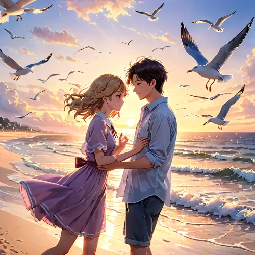 romantic scene,ermione,donsky,hoshihananomia,romantic portrait,by the sea,boy and girl,loving couple sunrise,summerwind,wakanohana,beach background,the endless sea,vintage boy and girl,love in air,simione,sea ocean,heatherley,sun and sea,violet evergarden,summer evening,Anime,Anime,Realistic