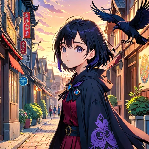 kanno,raven bird,kunitachi,xion,rinko,japanese sakura background,3d crow,isara,crow queen,akutagawa,tenri,bird robin,maozhen,dusk background,sakura background,raven girl,ranko,crow,kiriko,crows bird,Anime,Anime,Traditional