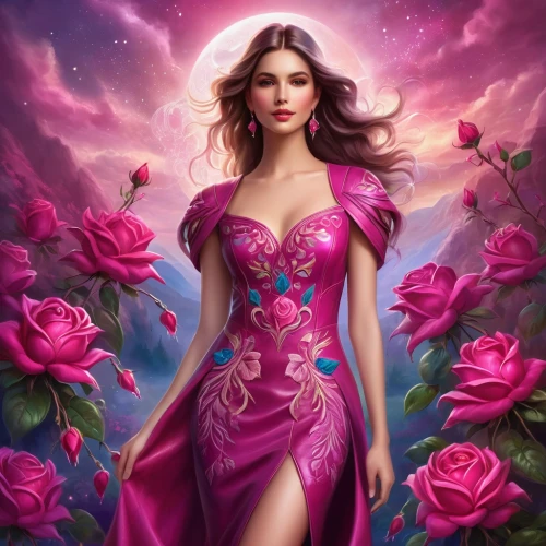 rosa 'the fairy,pink roses,purple rose,romantic rose,pink rose,fantasy picture,liliana,scent of roses,fantasy art,bright rose,rosa ' the fairy,fuchsia,with roses,rose pink colors,fantasy woman,wild rose,fairy queen,rose flower illustration,persephone,splendor of flowers,Illustration,Realistic Fantasy,Realistic Fantasy 01