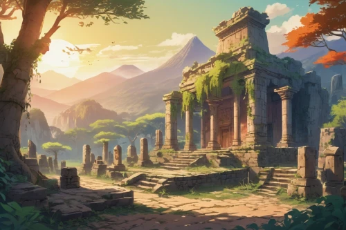 ancient city,ancient,ancient buildings,the ancient world,meteora,ruins,ancient ruins,ancients,artemis temple,fantasy landscape,tikal,background with stones,the ruins of the,ancient house,mausoleum ruins,world digital painting,ancient civilization,game illustration,landscape background,rathas,Illustration,Japanese style,Japanese Style 03