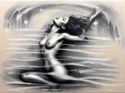 water nymph,sirene,naiad,bather,siren,charcoal drawing,bodypainting,chalk drawing,naiads,ondine,nereid,amphitrite,sirena,immersed,the girl in the bathtub,grafite,submersion,submersed,volou,phleger,Illustration,Black and White,Black and White 34