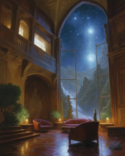 fantasy picture,mysterium,night scene,dreamscapes,sleeping room,dreamfall,starry sky,tobacco the last starry sky,constellation lyre,the night sky,dandelion hall,astronomer,nasmith,dream art,fantasy landscape,markarian,four poster,study room,sci fiction illustration,dreamscape,Illustration,Realistic Fantasy,Realistic Fantasy 03