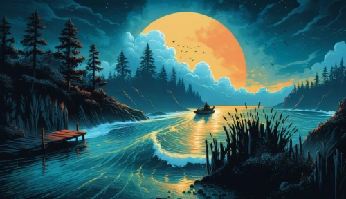 river landscape,cave on the water,evening lake,a river,beautiful wallpaper,boat landscape,fantasy picture,night scene,fantasy landscape,mountain river,world digital painting,acid lake,the descent to the lake,riverdeep,lagoon,rivers,sci fiction illustration,lunar landscape,mountain lake,ozark,Illustration,Realistic Fantasy,Realistic Fantasy 25