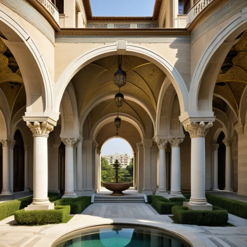 persian architecture,kashan,iranian architecture,inside courtyard,orangerie,dolmabahce,mamounia,courtyard,alcazar of seville,water palace,marble palace,yazd,cloister,stanford university,sursock,colonnades,amanresorts,courtyards,cloistered,hala sultan tekke,Photography,General,Realistic