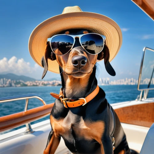 pinscher,deckhand,yachting,travelzoo,boat operator,on a yacht,boating,yachtswoman,yachters,crusoe,brown dog,boatner,doberman,cocaptain,panama hat,boat ride,dog photography,yachtsman,commandeer,boater,Photography,General,Realistic